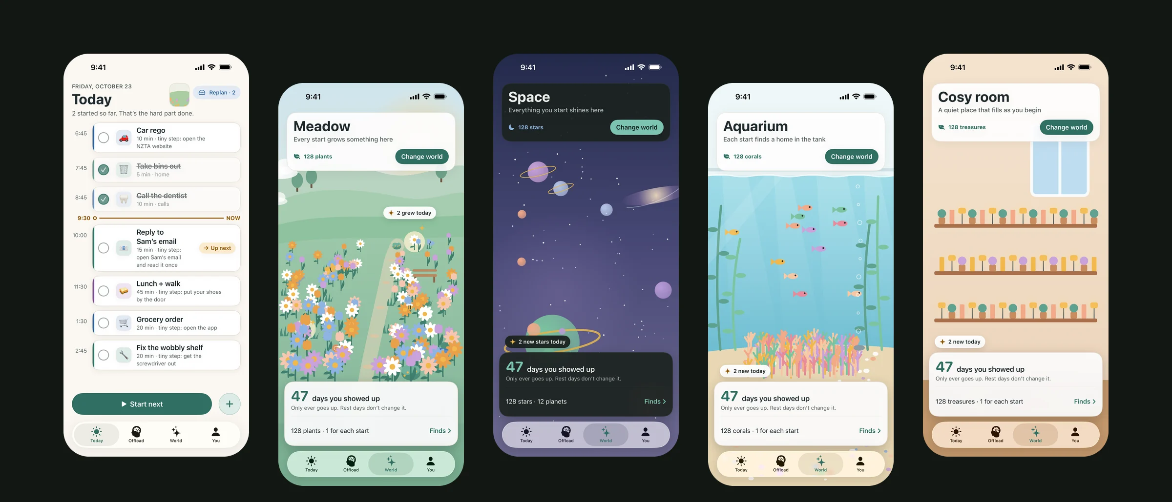 Startlet screens: the Today list and four of the worlds