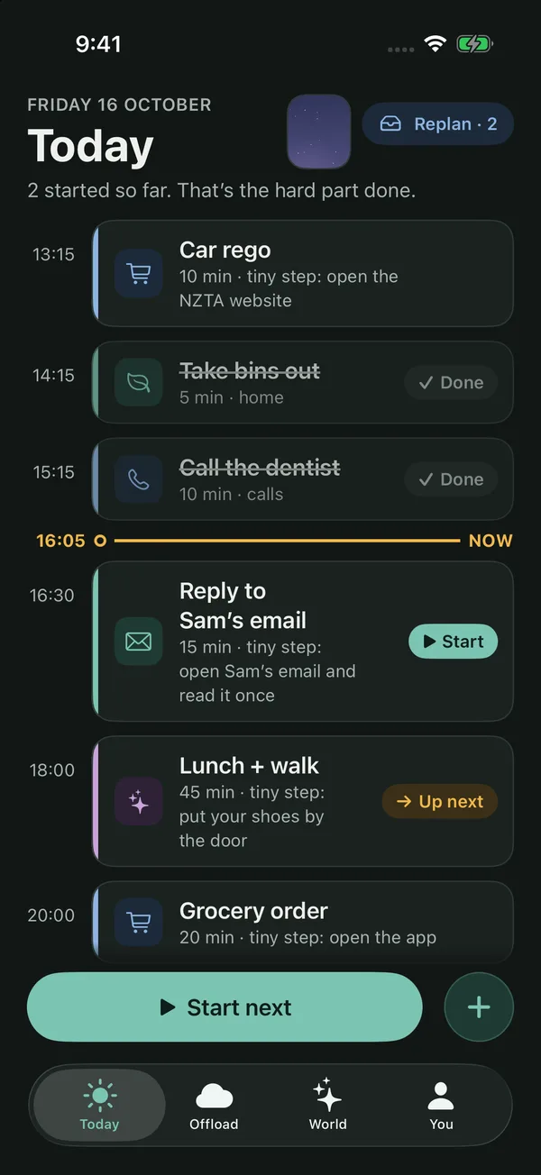 Startlet screen: Today in dark mode