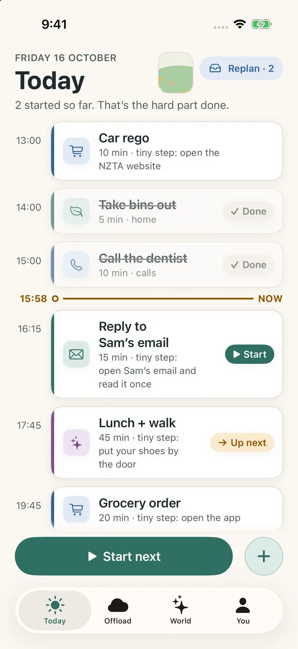 Startlet screen: Today: a tiny first step on every task