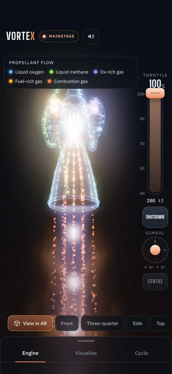 VorteX on iPhone: propellant flow glowing through the engine lines